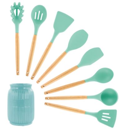 Picture of MegaChef Silicone And Wood Cooking Utensils, Mint Green, Set Of 9 Utensils