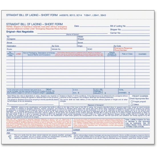 Picture of TOPS 3-part Hazardous Material Short Form - 3 PartCarbonless Copy - 8.50in x 6.93in Form Size - 7.62in x 8.50in Sheet Size - White Sheet(s) - Blue Print Color - 250 / Box