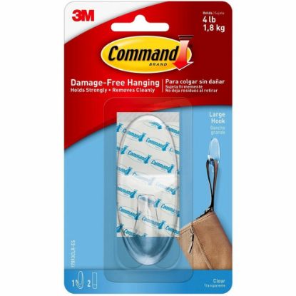 Picture of Command Large Hook With Clear Strips, 4 lb (1.81 kg) Capacity, For Decoration, Plastic, Clear, 1 Hook, 2 Strips