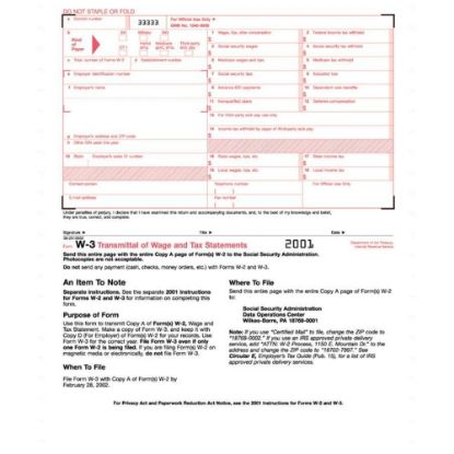 Picture of TOPS Continuous W-3 Transmittal of Wage Form, 9 1/2in x 11in, 2-Part, White, Pack Of 10