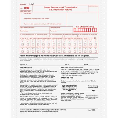 Picture of TOPS 1096 Tax Form Carbonless Copy, 8 1/2in x 11in, 2-Part, White, Pack Of 10