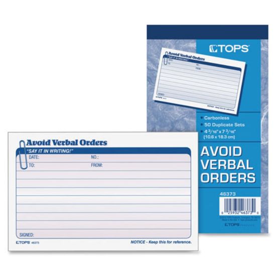 Picture of TOPS Avoid Verbal Orders Book - 50 Sheet(s) - 2 PartCarbonless Copy - 4.25in x 7in Form Size - White - 1 Each