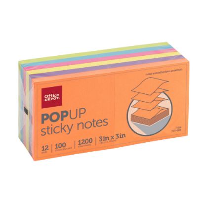 Picture of Office Depot Brand Pop Up Sticky Notes, 3in x 3in, Assorted Vivid Colors, 100 Sheets Per Pad, Pack Of 12 Pads