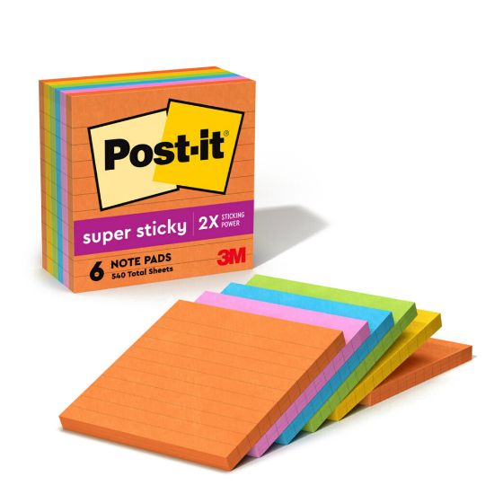 Picture of Post-it Super Sticky Notes, 4 in x 4 in, 6 Pads, 90 Sheets/Pad, Lined, 2x the Sticking Power, Back to School Supplies for Students, Sticky Notes for Textbooks and Notebooks, Energy Boost Collection