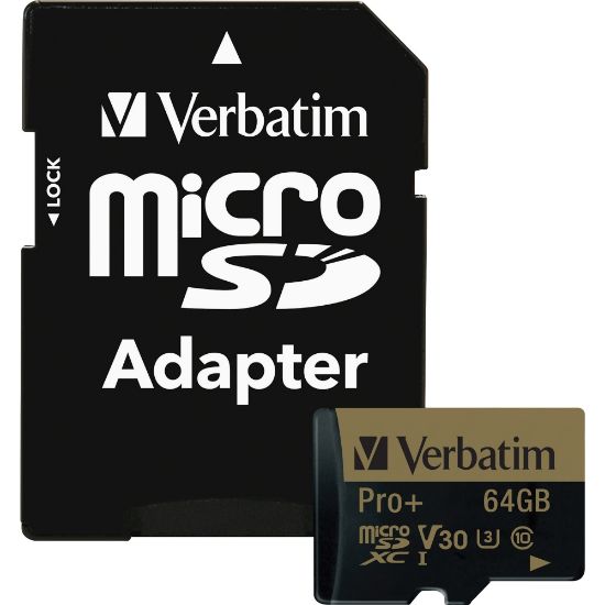 Picture of Verbatim 64GB Pro Plus 600X microSDHC Memory Card with Adapter, UHS-I V30 U3 Class 10 - 90 MB/s Read - 80 MB/s Write - 600x Memory Speed - Lifetime Warranty