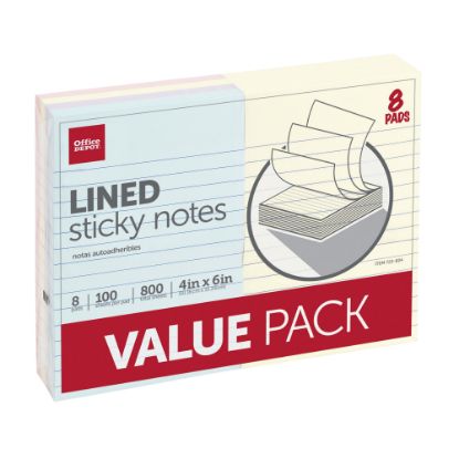 Picture of Office Depot Brand Lined Sticky Notes, 4 in x 6 in, Assorted Pastel Colors, 100 Sheets Per Pad, Pack Of 8