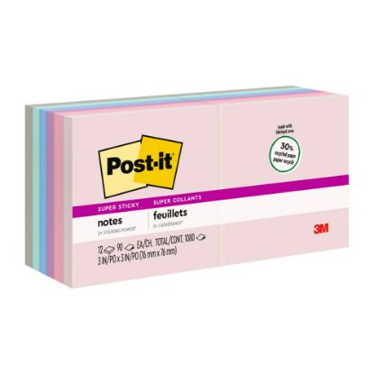 Picture of Post-it Recycled Super Sticky Notes, 3 in x 3 in, 12 Pads, 90 Sheets/Pad, 2x the Sticking Power, Wanderlust Pastels Collection, 30% Recycled