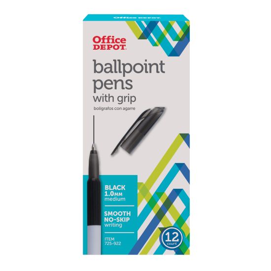 Picture of Office Depot Brand Grip Ballpoint Pens, Medium Point, 1.0 mm, White Barrel, Black Ink, Pack Of 12 Pens