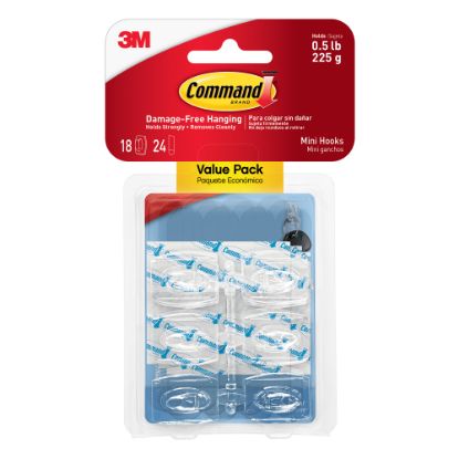 Picture of Command Mini Wall Hooks, 18 Command Hooks, 24 Command Strips, Damage Free Hanging of Dorm Room Decorations, Clear