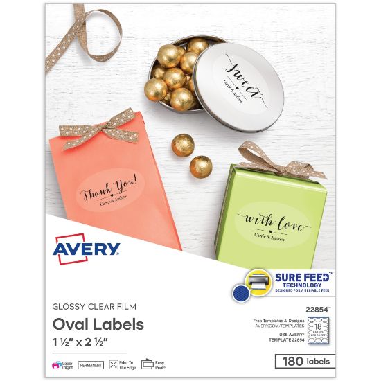 Picture of Avery Print-to-the-Edge Labels With Sure Feed Technology, 22854, Oval, 1.5in x 2.5in, Glossy Crystal Clear, Pack Of 180 Customizable Labels