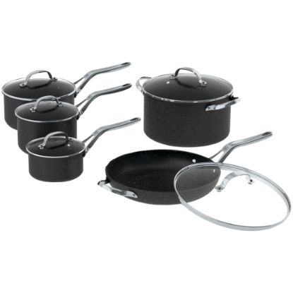 Picture of Starfrit The Rock 10-Piece Cookware Set with Stainless Steel Handles - 1 quart Saucepan, 2 quart Saucepan, 3 quart Saucepan, 6 quart Saucepan, Lid, 11in Diameter Frying Pan - Forged Aluminum Base, Steel Handle - Cooking, Frying - Dishwasher Safe - Black