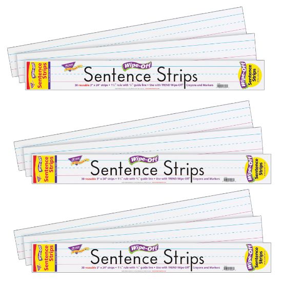 Picture of TREND Wipe-Off Sentence Strips, 3in x 24in, White, 30 Strips Per Pack, Set Of 3 Packs