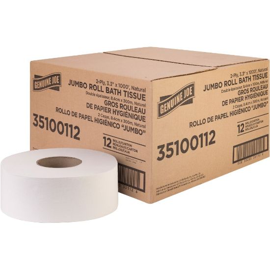 Picture of Genuine Joe Jumbo Jr Dispenser Bath Tissue Roll - 2 Ply - 3.30in x 1000 ft - 8.88in Roll Diameter - White - Fiber - 12 / Carton