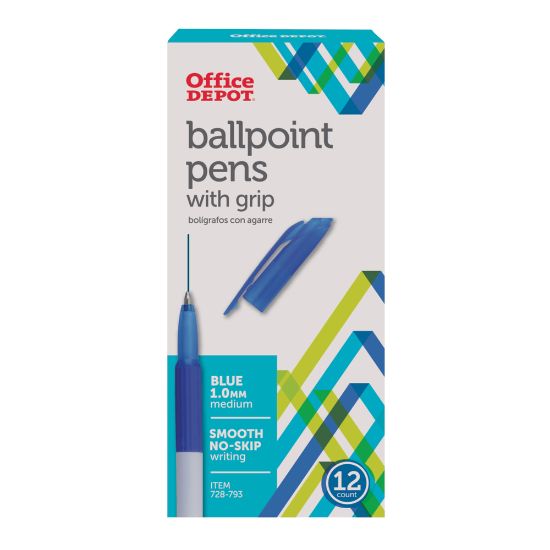 Picture of Office Depot Brand Grip Ballpoint Pens, Medium Point, 1.0 mm, White Barrel, Blue Ink, Pack Of 12 Pens