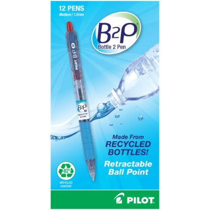 Picture of Pilot B2P "Bottle To Pen" Retractable Ballpoint Pens, Medium Point, 1.0 mm, 82% Recycled, Translucent Blue Barrels, Red Ink, Pack Of 12