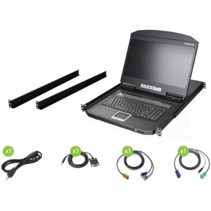 Picture of IOGEAR 18.5in Widescreen Short Depth 16-port LCD KVM Switch (TAA Compliant) - 16 Computer(s) - 18.5in LCD - HD - 1366 x 768 - 4:3 - 2 x PS/2 Port - 2 x USB - Daisy Chain - Keyboard120 V AC, 230 V AC Input Voltage - 1U High - Metal, Plastic - TAA Compliant