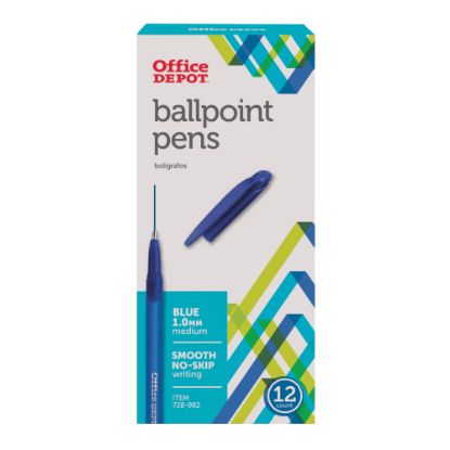 Picture of Office Depot Brand Ballpoint Stick Pens, Medium Point, 1.0 mm, Blue Barrel, Blue Ink, Pack Of 12