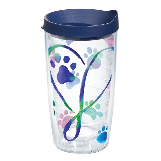 Picture of Tervis Project Paws Tumbler With Lid, Dog Paws Script Heart, 16 Oz, Clear/Navy