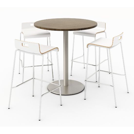 Picture of KFI Studios Round Bistro Pedestal Table With 4 Stacking Bar Stools, Studio Teak/Natural