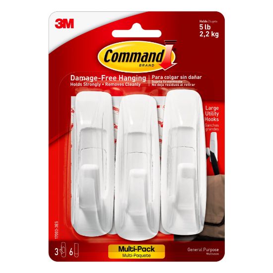 Picture of Command Large Utility Hooks, 3 Command Hooks, 6 Command Strips, Damage Free Hanging of Dorm Room Decorations, White