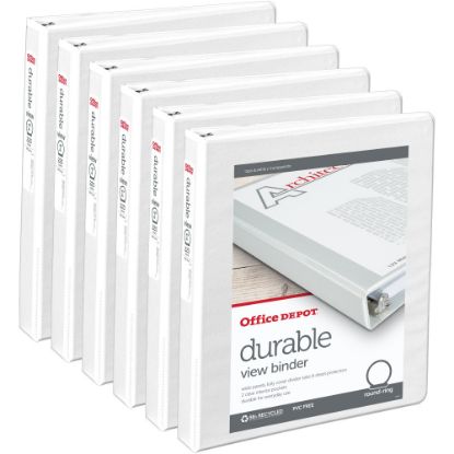 Picture of Office Depot Brand Durable View 3-Ring Binder, 1in Round Rings, White, Pack Of 6