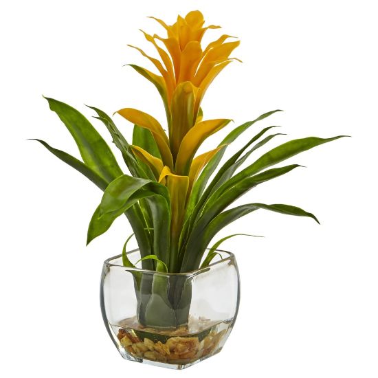 Picture of Nearly Natural 12inH Bromeliad Arrangement With Glass Vase, Yellow