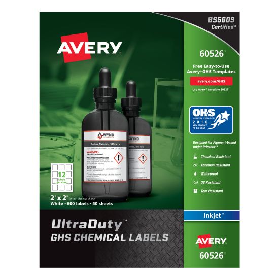 Picture of Avery UltraDuty GHS Chemical Labels For Pigment-Based Inkjet Printers, 60526, 2in x 2in, White, Pack Of 600