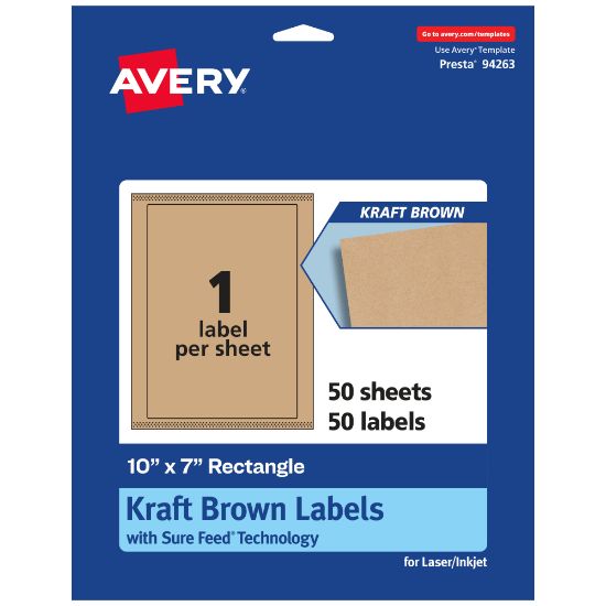 Picture of Avery Kraft Permanent Labels With Sure Feed, 94263-KMP50, Rectangle, 10in x 7in, Brown, Pack Of 50