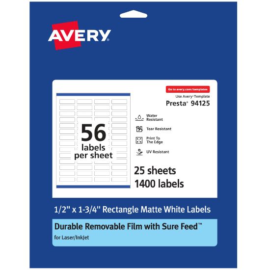 Picture of Avery Durable Removable Labels With Sure Feed, 94125-DRF25, Rectangle, 1/2in x 1-3/4in, White, Pack Of 1,400