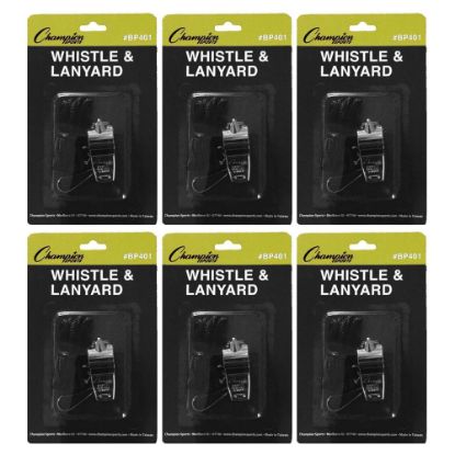 Picture of Champion Sports Metal Whistle & Lanyard Packs, 13/16inH x 13/16inW x 1-3/4inD, Silver/Black, Set Of 6 Packs