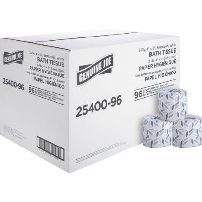 Picture of Genuine Joe 2-ply Standard Bath Tissue Rolls - 2 Ply - 3in x 4in - 400 Sheets/Roll - 1.63in Core - White - 96 / Carton