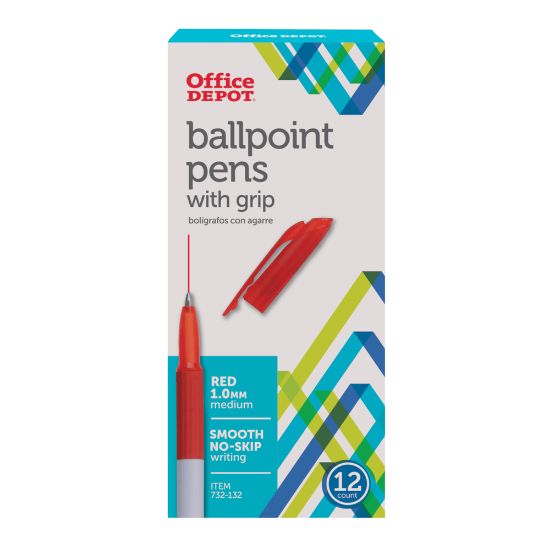 Picture of Office Depot Brand Grip Ballpoint Pens, Medium Point, 1.0 mm, White Barrel, Red Ink, Pack Of 12 Pens