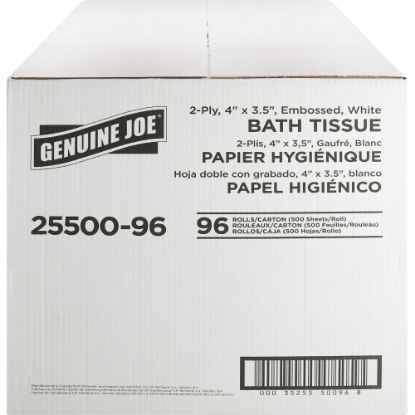 Picture of Genuine Joe 2-ply Standard Bath Tissue Rolls - 2 Ply - 4in x 3.50in - 500 Sheets/Roll - 1.63in Core - White - 96 / Carton