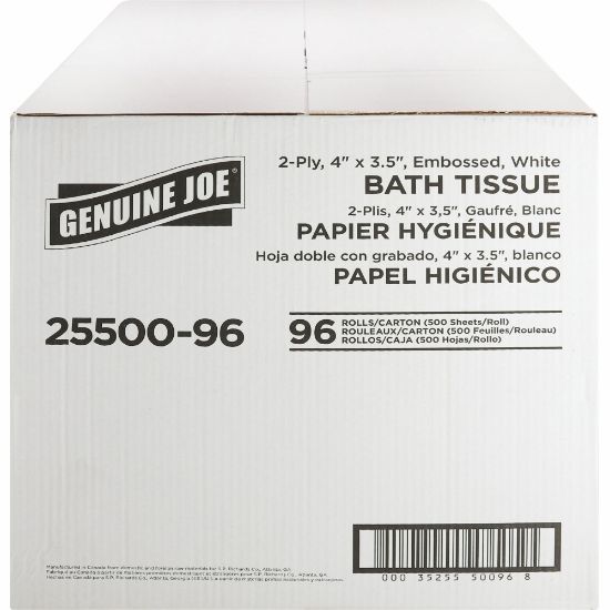 Picture of Genuine Joe 2-ply Standard Bath Tissue Rolls - 2 Ply - 4in x 3.50in - 500 Sheets/Roll - 1.63in Core - White - 96 / Carton