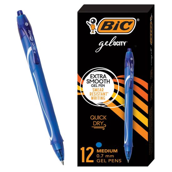 Picture of BIC Gel-ocity Quick Dry Retractable Gel Pens, Medium Point, 0.7 mm, Blue Barrel, Blue Ink, Pack Of 12