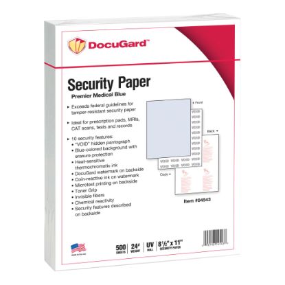 Picture of DocuGard Premier Medical 10 Medical Prescription Papers And Business Checks, Letter Size (8 1/2in x 11in), Ream Of 500 Sheets, 1-Part, Blue