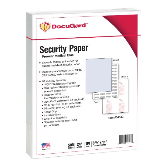 Picture of DocuGard Premier Medical 10 Medical Prescription Papers And Business Checks, Letter Size (8 1/2in x 11in), Ream Of 500 Sheets, 1-Part, Blue