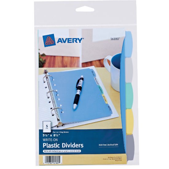 Picture of Avery Write & Erase Plastic Dividers, 5 1/2in x 8 1/2in, Multicolor, 5-Tab