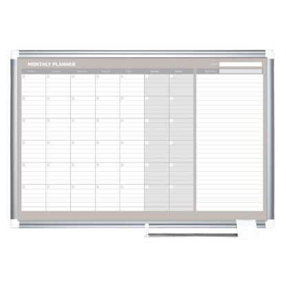 Picture of MasterVision Gold Ultra Magnetic Dry-Erase Monthly Calendar Planning Board, Lacquered Steel, 36in x 24in, White/Plate Gray, Silver Aluminum Frame