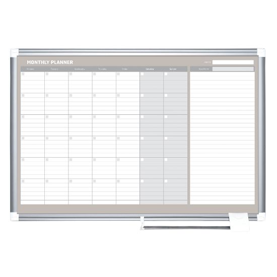 Picture of MasterVision Gold Ultra Magnetic Dry-Erase Monthly Calendar Planning Board, Lacquered Steel, 36in x 24in, White/Plate Gray, Silver Aluminum Frame