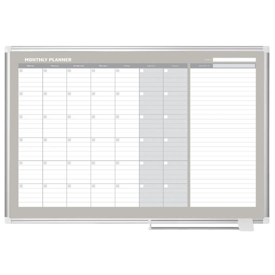 Picture of MasterVision Gold Ultra Magnetic Dry-Erase Monthly Calendar Planning Board, Lacquered Steel, 48in x 36in, White/Plate Gray, Silver Aluminum Frame