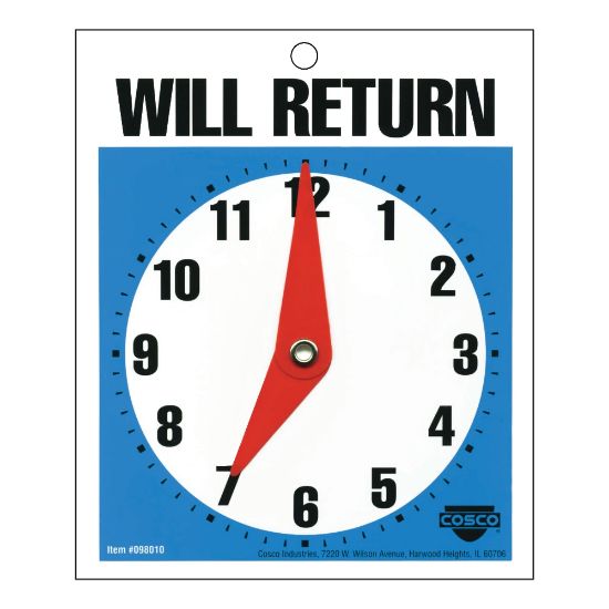 Picture of Cosco Will Return Clock Sign, 5in X 6in, Blue/White