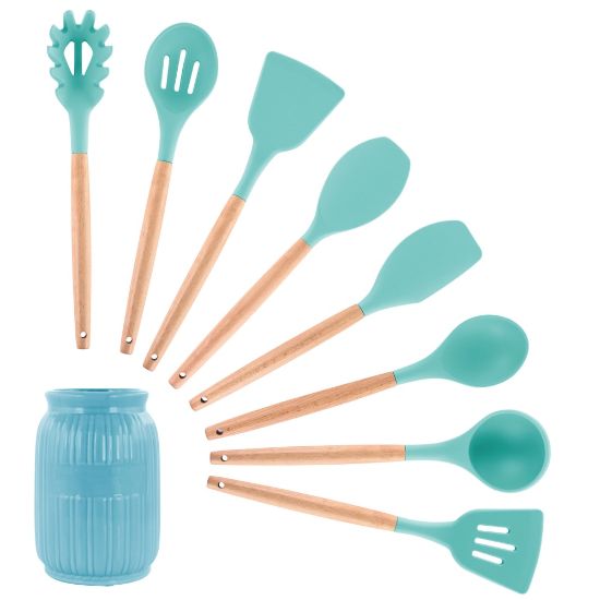 Picture of MegaChef 9-Piece Silicone And Wood Cooking Utensil Set, Light Teal