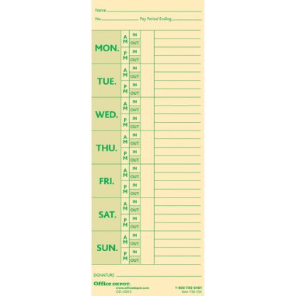 Picture of Office Depot Brand Time Cards With Deductions, Weekly, Monday-Sunday Format, 2-Sided, 3 3/8in x 8 7/8in, Manila, Pack Of 100