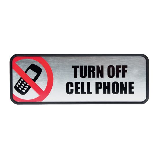 Picture of COSCO Turn Off Cell Phone Image/Message Sign - 1 Each - Turn Off Cell Phone Print/Message - 9in Width x 3in Height - Rectangular Shape - Metal - Silver, Red, Metallic