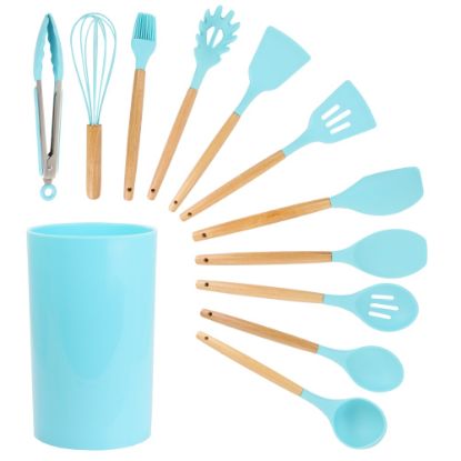 Picture of MegaChef 12-Piece Silicone And Wood Cooking Utensil Set, Light Teal