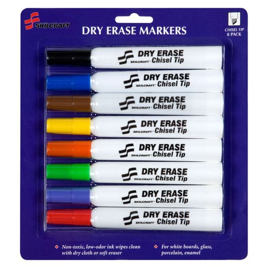 Picture of SKILCRAFT Dry-Erase Markers, Chisel Tip, Assorted Colors, Pack Of 8 (AbilityOne 7520-01-186-3605)