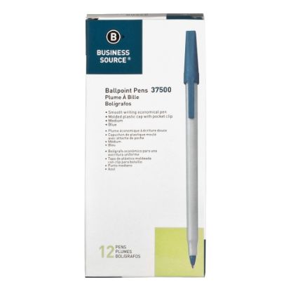 Picture of Business Source Medium Point Ballpoint Stick Pens - Medium Pen Point - Blue - Light Gray Barrel - Stainless Steel Tip - 1 Dozen