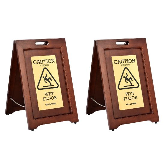 Picture of Alpine Industries 2-Sided Brass-Plated Wooden Bilingual Wet Floor Signs, 24in x 15in, Brown, Pack Of 2 Signs