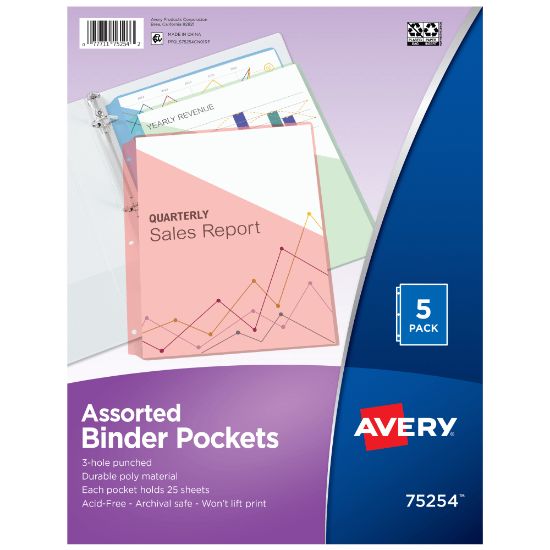 Picture of Avery Binder Pockets For 3 Ring Binders, Assorted (Blue, Clear, Green, Pink, Yellow), Pack Of 5 Binder Pockets